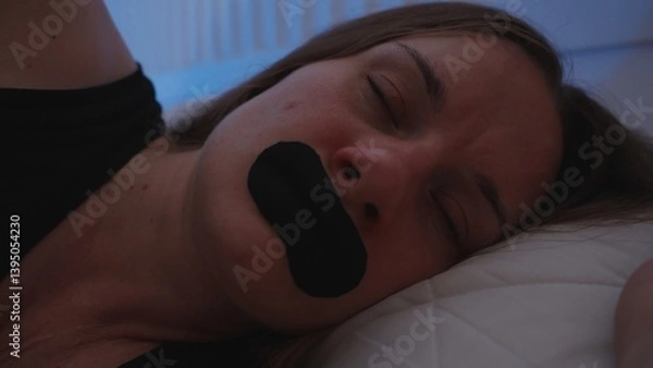 Obraz Close-Up of Sleeping Woman Wearing Breathable Mouth Tape with Expanding Nostrils in Low Light for Deep Nasal Breathing Sleep Concept