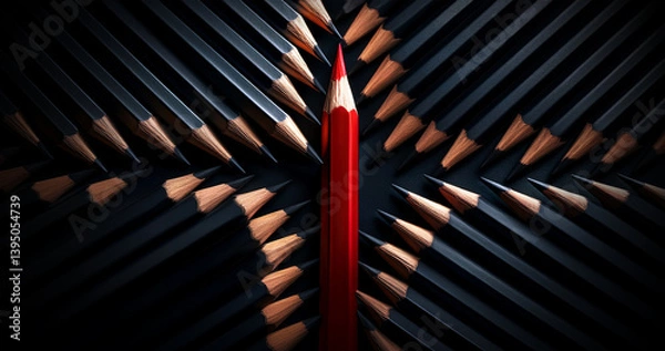Fototapeta Concept of Thinking outside the box and standing out from the crowd. One red pencil between many gray and black pencils. Isolated on black background with copy space. Generative Ai.