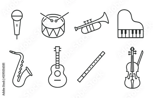 Fototapeta Elegant linear music icons set featuring microphone, instruments, and more