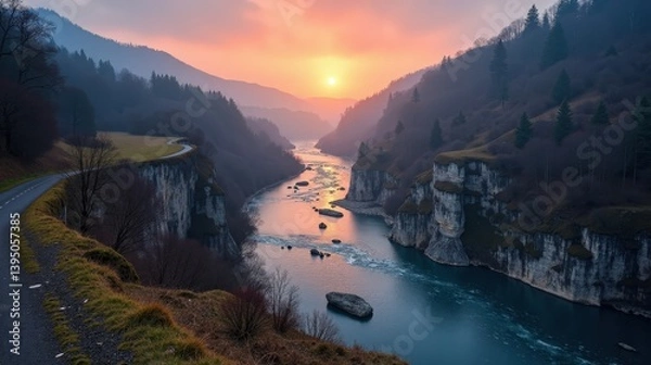 Fototapeta Detailed photo of Gorges du Tarn in France at dawn, with cool, rainy winter weather, shot from above.