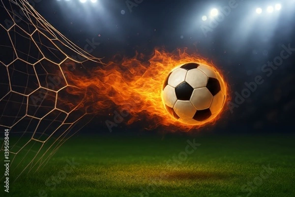 Obraz Dynamic Soccer Ball in Motion with Flames and Goal Net against Dramatic Stadium Lighting