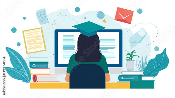 Fototapeta Online learning graduation education student study computer degree course vector illustration art design