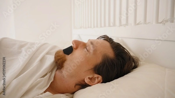 Obraz Man Sleeping on His Back with Black Mouth Tape in Bright White Bedroom, Nose Breathing and Anti Snoring Concept