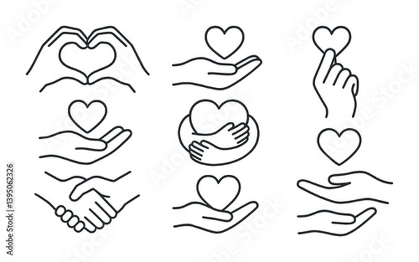 Obraz Heart icons set: 9 linear symbols of love and care in hand gestures and heart shapes