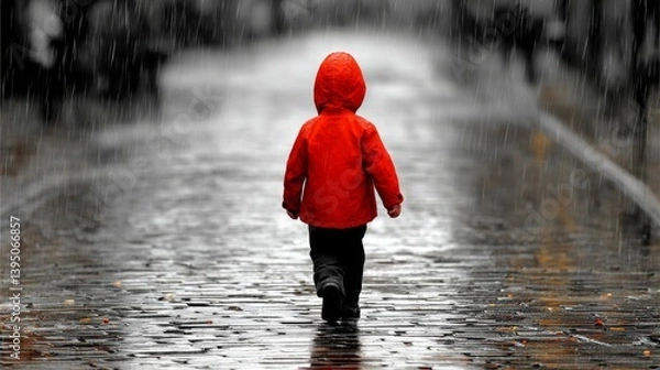 Obraz A child in a red raincoat walks alone on a rainy cobblestone street