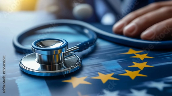 Fototapeta European healthcare system stethoscope on eu flag concept for health policy and medical insurance in europe