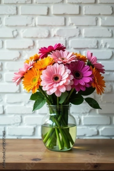 Fototapeta Glass vase filled with colorful flowers on a rustic wooden table against a white brick wall, decoration, color