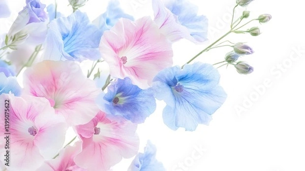 Fototapeta Delicate pastel blossoms, a gentle whisper of spring's arrival in soft, dreamy hues against a bright white backdrop.