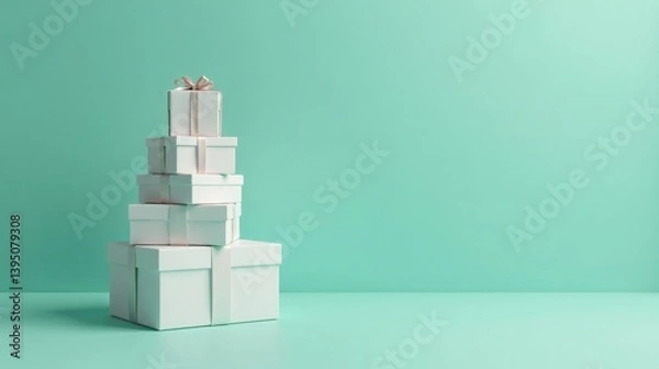 Fototapeta A Stack of Elegantly Wrapped Presents on a Mint Green Background, Ideal for Festive Occasions and Gift-Giving Celebrations