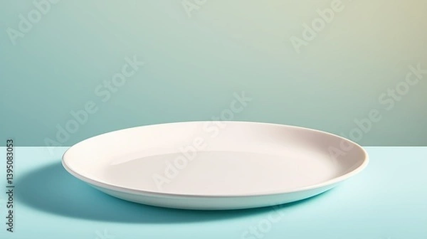 Fototapeta Empty White Plate on Blue Table – Minimalist Tableware Mockup