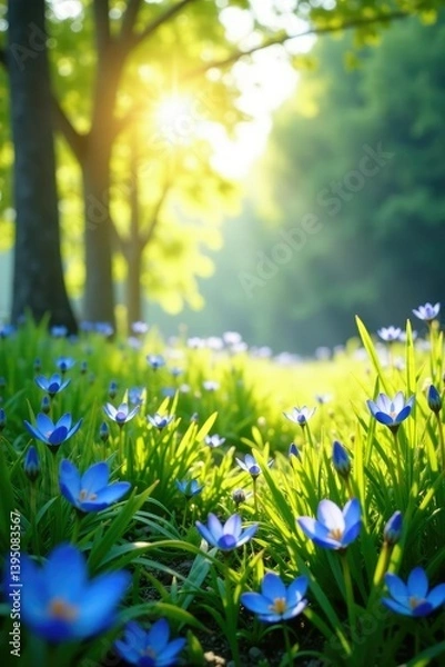 Fototapeta Sonneneinstrahlung auf einer Blumenwiese mit Blumentopfen, freien, stilvolle, architektur