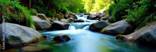Fototapeta Soothing mountain stream with rocks and waterfalls, landscape, stream, serenity