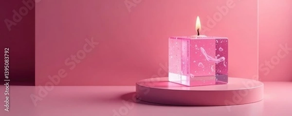 Fototapeta Soy cube bubble candle on pink pedestal with reflection, decorative element, intricate details, smooth surface