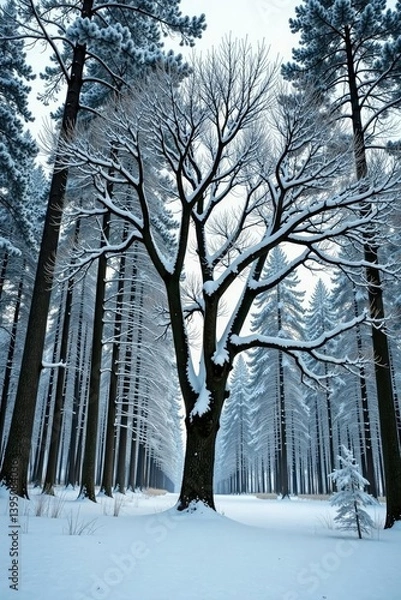 Fototapeta Tree isolated in a snowy forest with bare branches, forest, snow