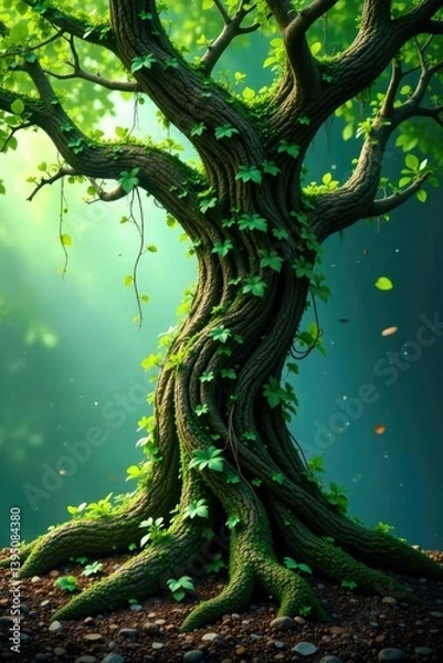Fototapeta Tree roots and branches intertwined with vines, leafy, plant life, entwined