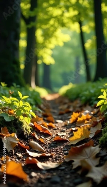Fototapeta Tree leaves and branches scattered on the ground, forest floor, earthy tone