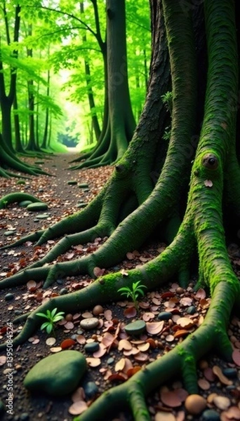 Fototapeta Tree roots and trunks exposed on a rocky terrain with forest floor, nature, organic