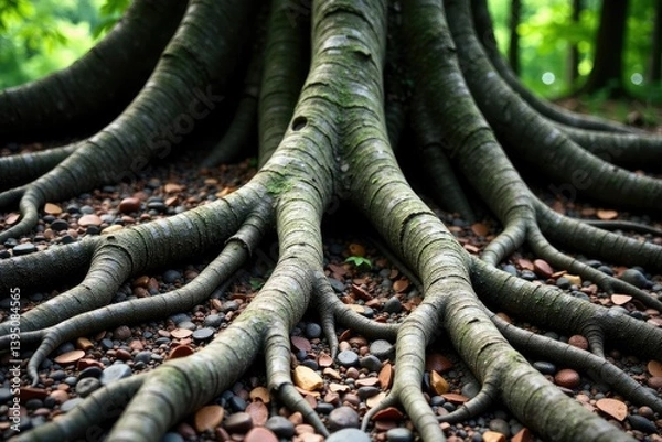 Fototapeta Tree roots and trunks intertwined on a rocky surface, texture, detail