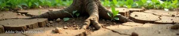 Fototapeta Tree roots bursting through cracked earth surface, nature, erosion, earth
