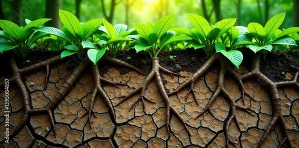 Fototapeta Tree roots on cracked dry soil surface with green leaves above, texture, botanical, trees