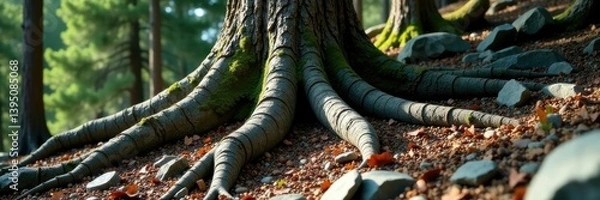 Fototapeta Tree trunk and roots exposed in a rocky outcropping, untamed, trees, tree