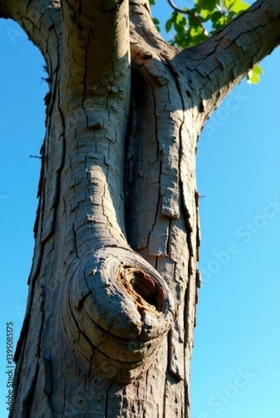 Fototapeta Tree trunk with gnarled bark, weathered and worn, against a bright blue sky, worn, natural