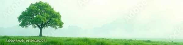 Fototapeta Tree with a hint of mist in the background against white, calm, mist, green