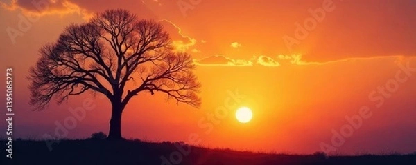 Fototapeta Tree with bare branches against a bright sunset sky, isolated, natural