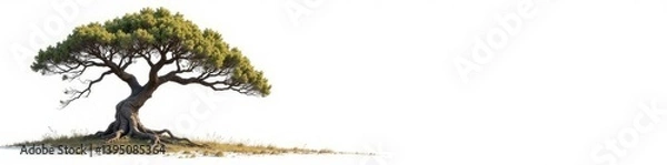 Fototapeta Tree with gnarled branches against white canvas, landscape, solitary