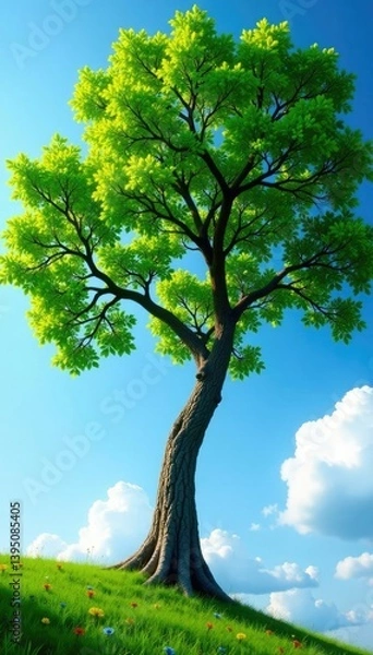 Fototapeta Tree with branches stretching towards the sky, serene, branch, peaceful