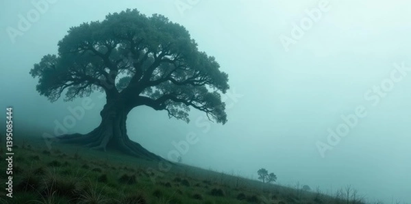 Fototapeta Tree with gnarled branches in a misty environment, wild, mist, fog