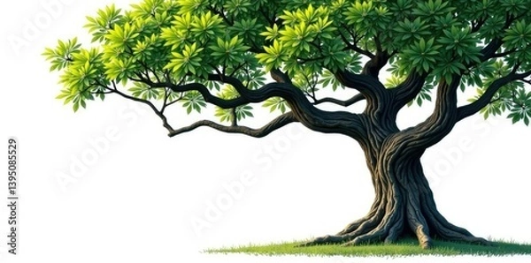 Fototapeta Tree with gnarled branches isolated on white background, isolated, green, trunk