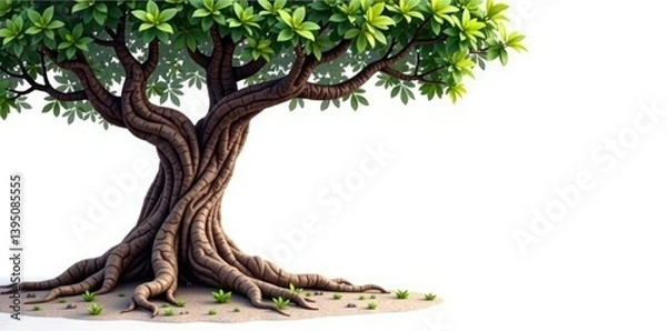 Fototapeta tree with gnarled trunk and twisted roots on white background, earthy, texture