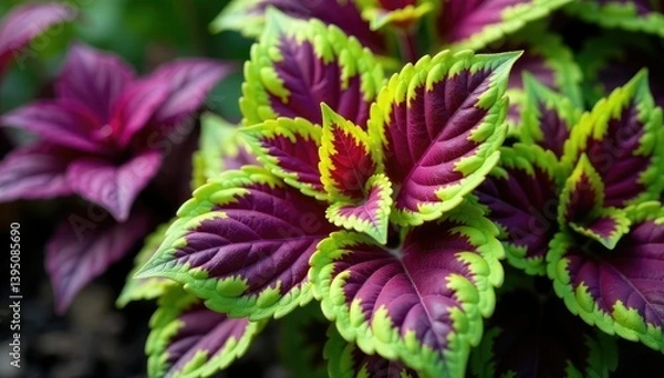 Fototapeta Colorful coleus with striking green leaves and deep purple foliage, plants, leafy
