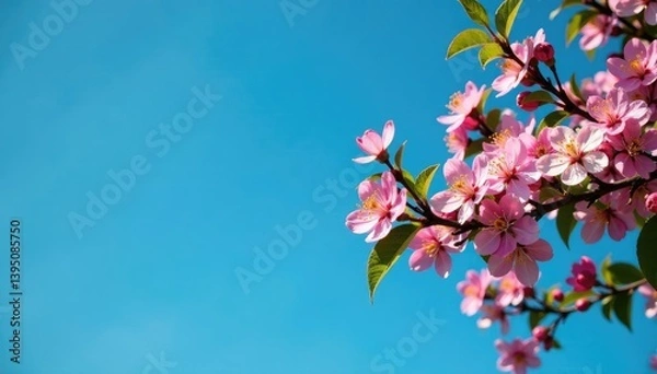 Fototapeta Tree with leaves and flowers against a blue sky, branches with flowers, branches, floral