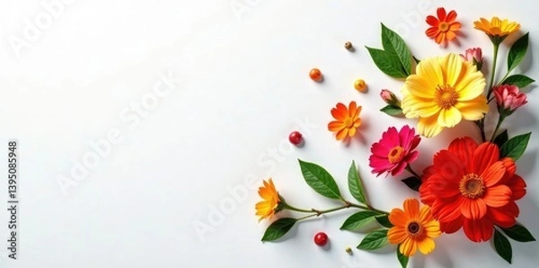Fototapeta Colorful foliage scattered across a white background with texture, flowers, textured