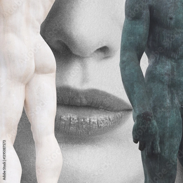 Obraz Abstract collage illustration of woman portrait and ancient male statues. Model lips and nose visible through ancient male body statues silhouettes. Grunge, motion blur and grain effect applied