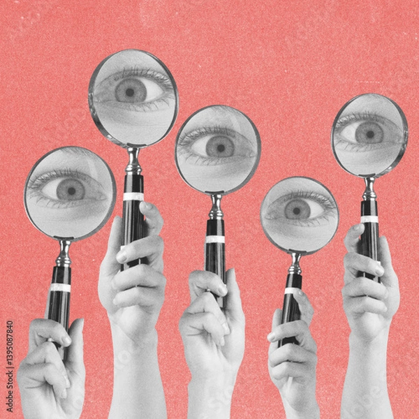 Obraz Abstract collage illustration of woman hands holding magnifying loupe glasses and big staring eyes visible behind loupe glass. Pink background. Grain, grunge, motion blur effect applied
