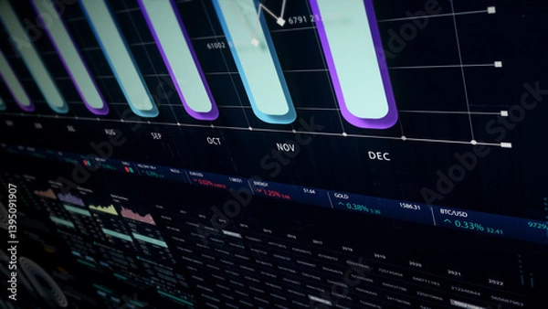 Obraz Dynamic data visuals for business info graphics, animated charts, and data-driven insights for a business meeting mock-up. Explore the world of trading, stock exchanges, and crypto