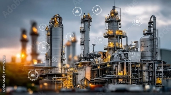 Fototapeta Industrial complex at twilight, illuminated with glowing icons, suggesting automation or digital overlay.