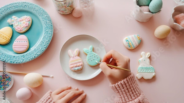 Fototapeta Person decorating Easter cookies with icing on pink background with plates of cookies and sprinkle containers