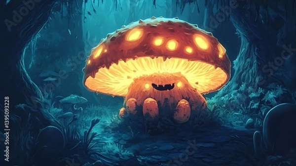 Fototapeta A monster resembling a glowing mushroom growing in a dark cave 