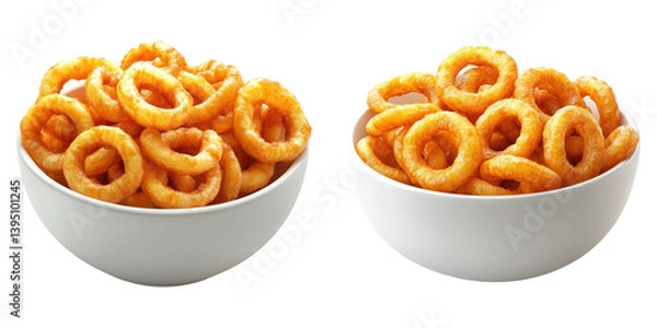 Fototapeta Crispy, golden, crunchy onion rings in white bowls, perfect for snacking or sharing with friends