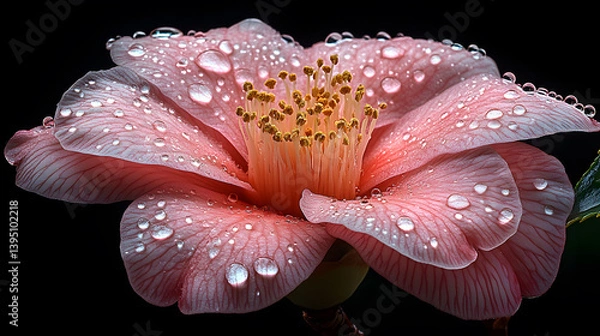Fototapeta Macro photography of raindrops on the delicate petals of a pink camellia flower, creating a striking combination of texture and color.