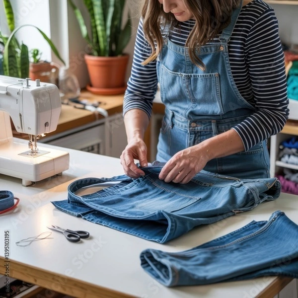 Obraz Sewing denim overalls in a bright workshop with plants and sewing machine during the day
