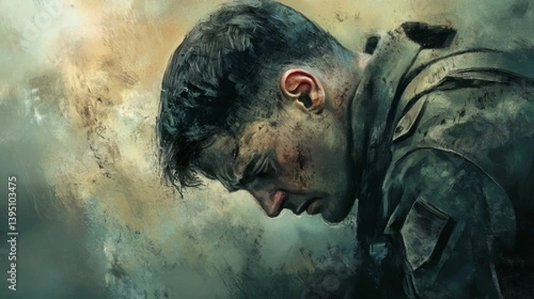 Fototapeta Soldier in uniform with head down in a war-torn environment.