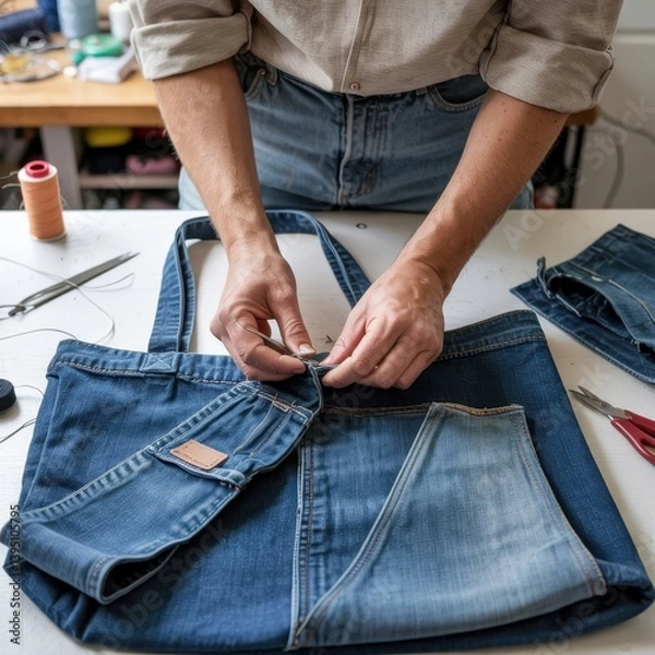 Fototapeta Crafting a unique denim tote bag using recycled materials in a bright workshop space