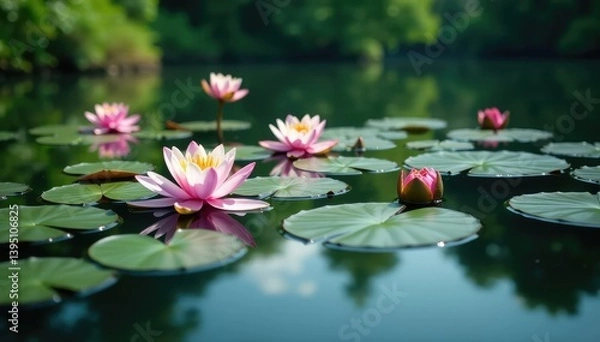Fototapeta Water lilies forming a natural floral pattern across a still lake, fresh, stillwater, bloom