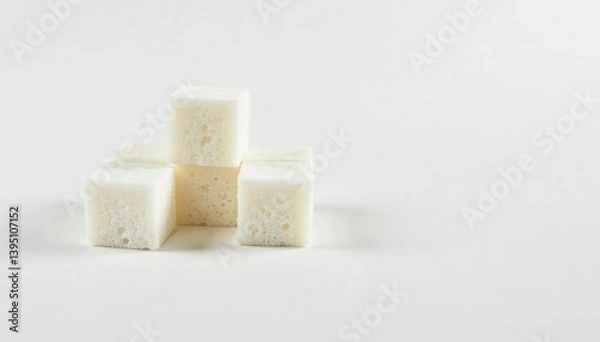 Fototapeta White sugar cubes arranged on white background, compact, sweetness