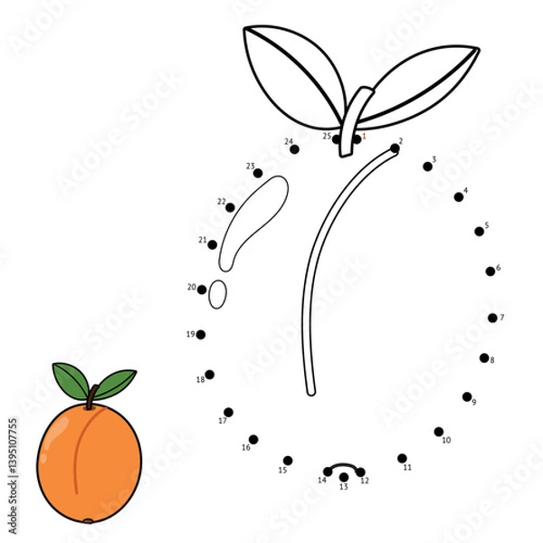 Fototapeta Connect the dots and draw an apricot. Dot to dot game for kids. Funny puzzle activity page with a fruit. Vector illustration